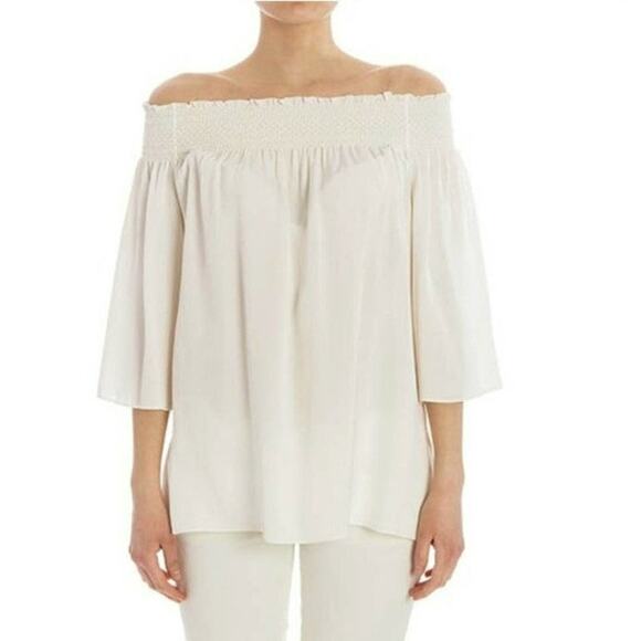 Theory Silk Off The Shoulder Smocked 3/4 Sleeve White Ivory Blouse Size M - Picture 1 of 13